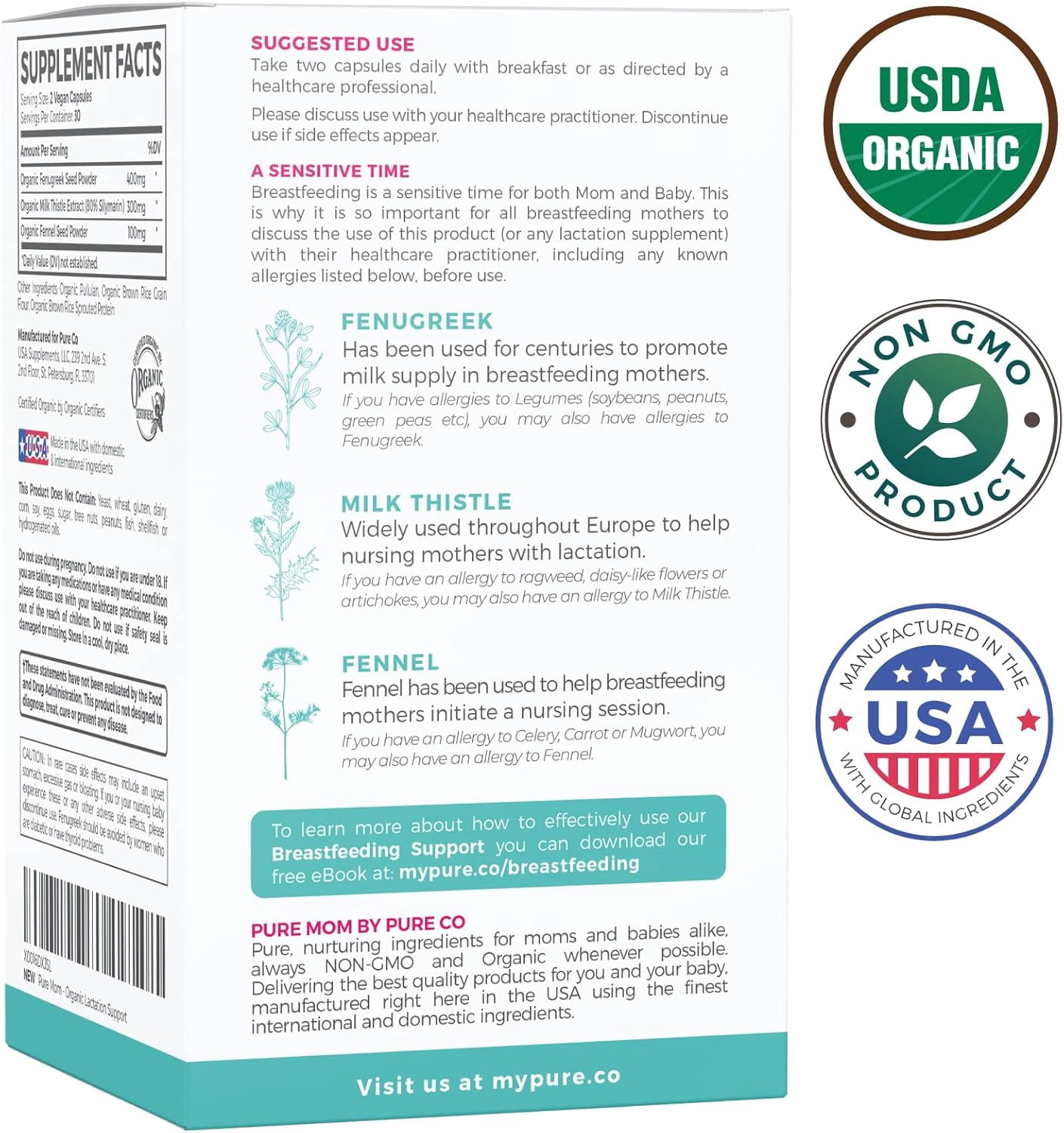 Pure Mom Organic Lactation Supplement with Milk Thistle, Fenugreek Seeds, and Fennel, 60 Capsules