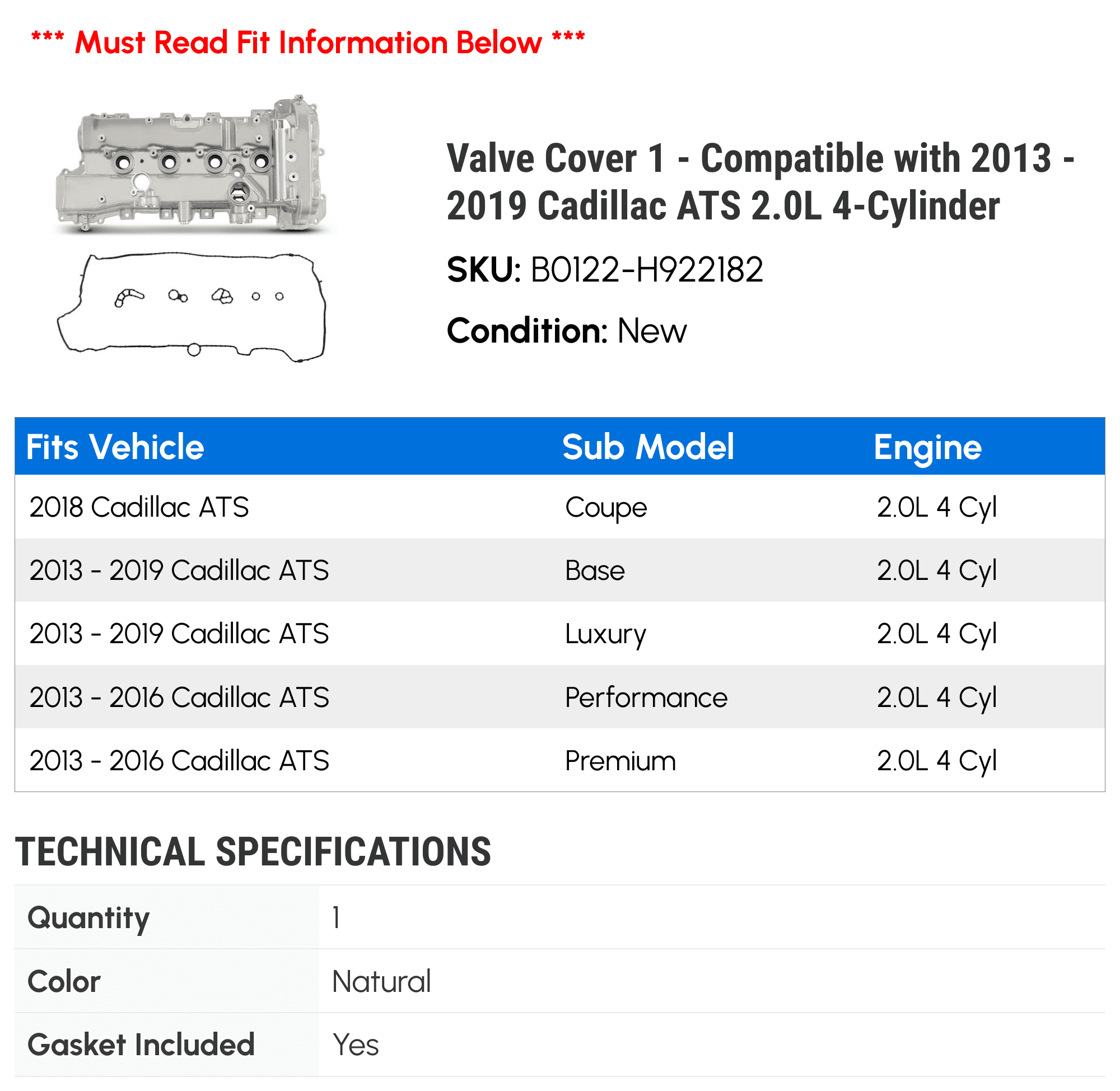 Valve Cover 1 - Compatible with 2013 - 2019 Cadillac ATS 2.0L 4-Cylinder - Autopart Premium