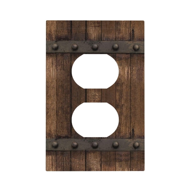 Cubierta de salida dúplex para puerta de granero de madera marrón rústica, placa de pared única, cubiertas decorativas para receptáculo eléctrico, placa frontal para cocina, dormitorio, baño, accesori