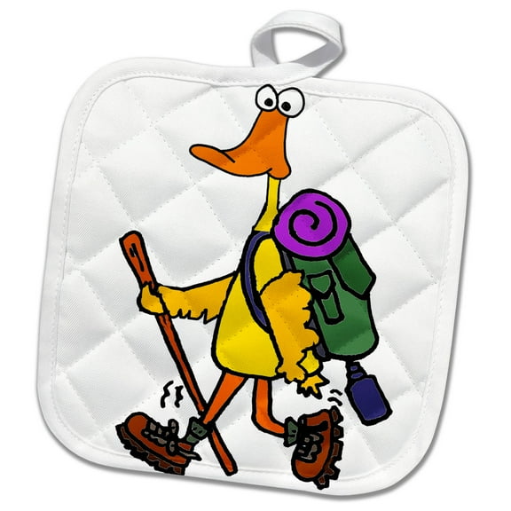 3dRose, Funny Cute Yellow Duck Hiking Cartoon, 8x8 Potholder