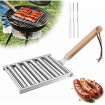MIDODO Hot Dog Roller Stainless Steel Sausage Roller Rack with Extra Long Wood Handle, BBQ Hot Dog Griller