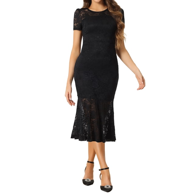 INSPIRAR CHIC Vestido de encaje elegante para mujeres, vestido de cóctel midi de manga corta, vestido de sirena bodycon negro XL