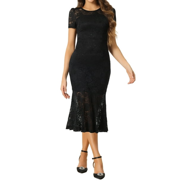 INSPIRAR CHIC Vestido de encaje elegante para mujeres, vestido de cóctel midi de manga corta, vestido de sirena ajustado negro XS