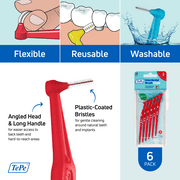 TePe Interdental Brush Angle, Angled Dental Brush for Teeth Cleaning, Pack of 6, 0.5 mm, Extra-Small/Small Gaps, Red, Size 2