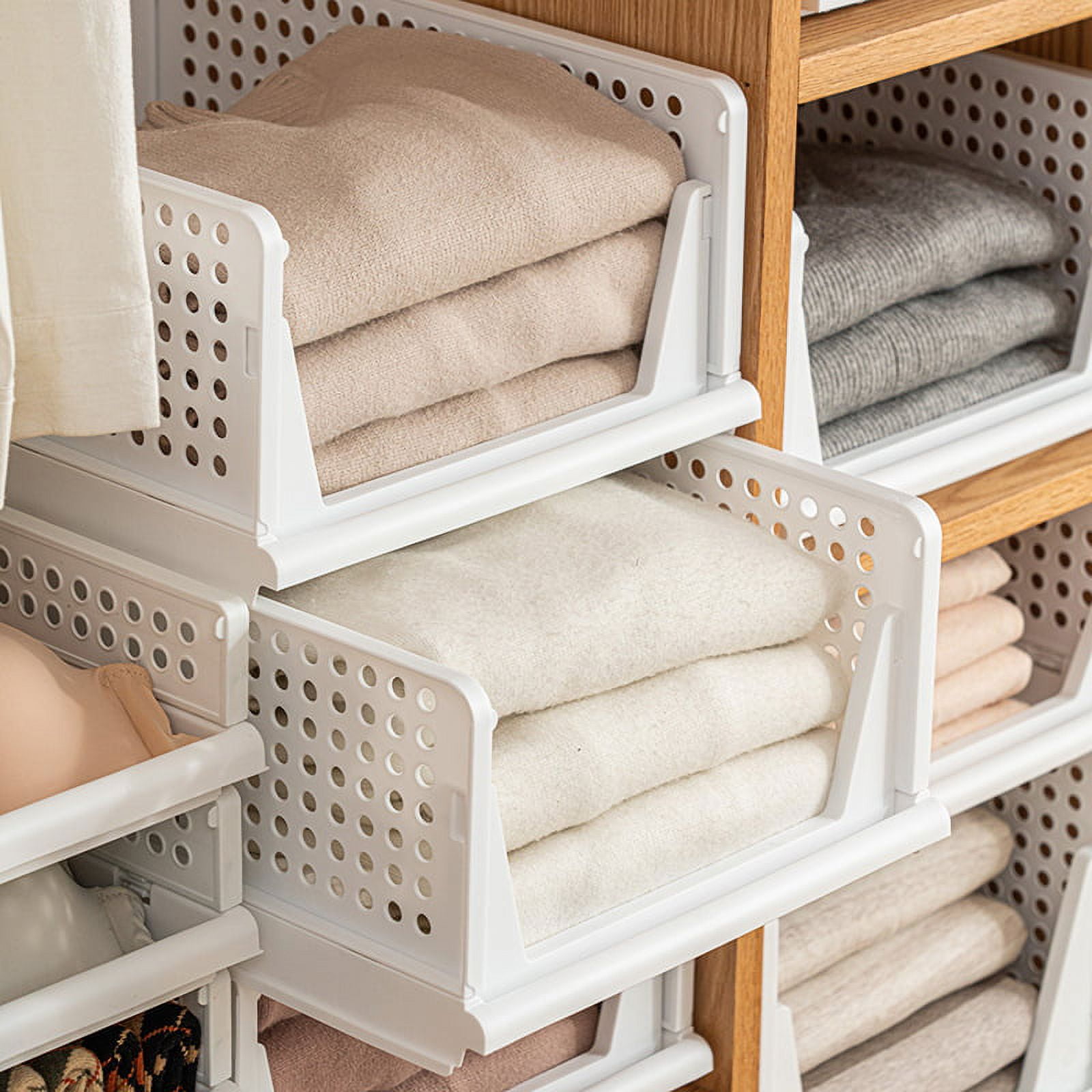 Stackable Closet Storage Box, Plastic Drawer Organizer, Foldable Wardrobe Clothes Shelf Baskets, Folding Containers Bins Cubes, Perfect for Kitchen, Office, Bedroom & Bathrooms, Set of 2