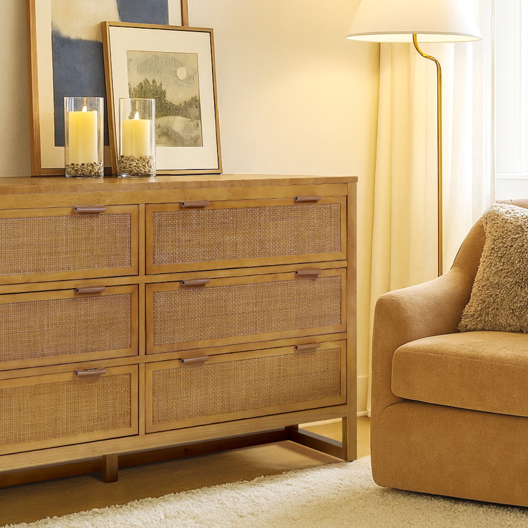 Teamson Home Hatteras Dresser with 6 Rattan Inset Drawers, Faux Leather Pulls & Deep Storage - Natural