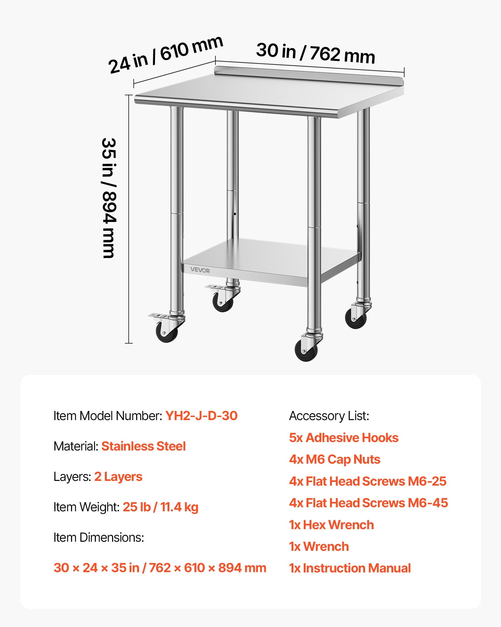 VEVOR Stainless Steel Work Table, 24x30 inch Food Prep Table with Wheels and Backsplash, Commercial Kitchen Workstation with Adjustable Undershelf, Metal Utility Worktable, for Restaurant Home