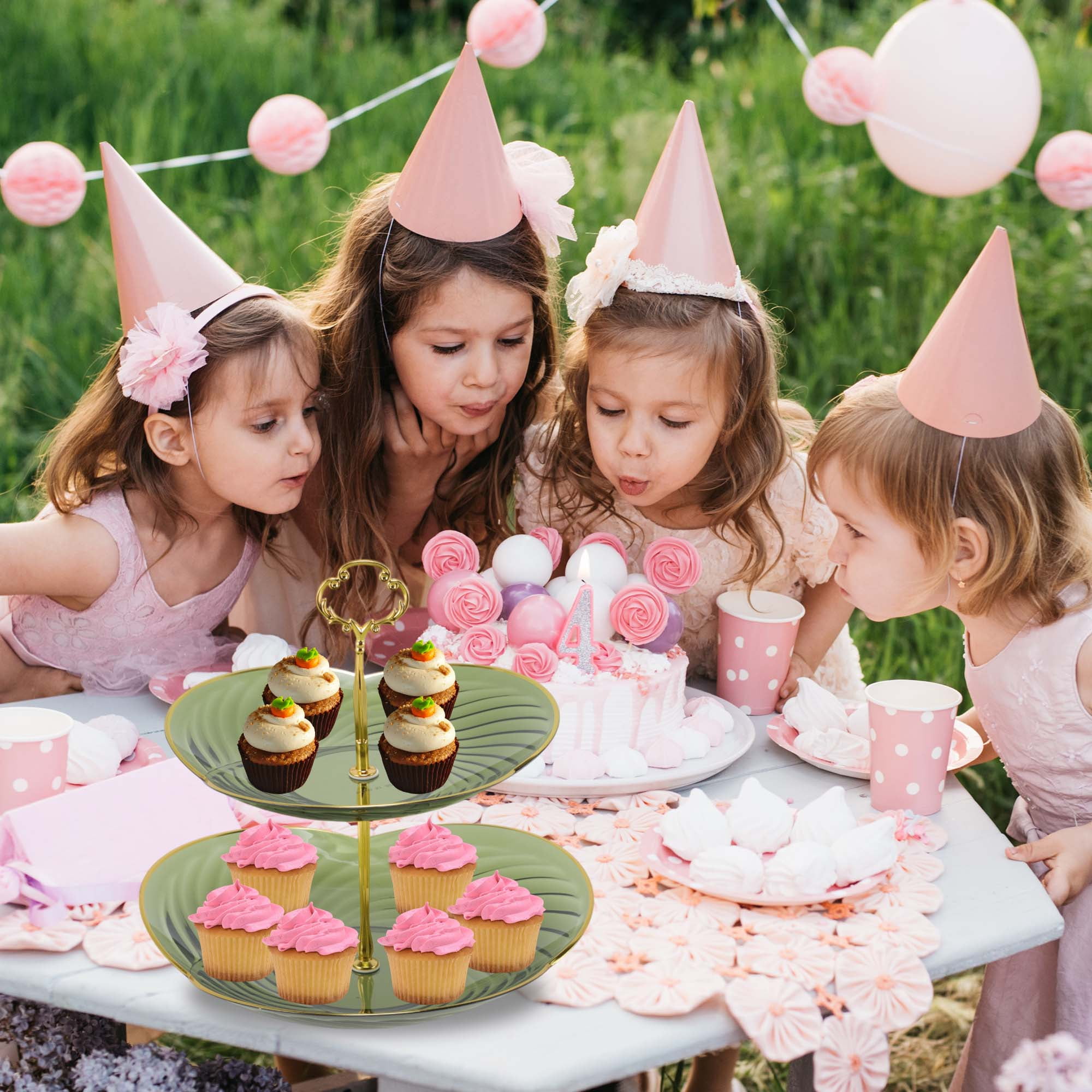Unique Bargains 2 Tier Dessert Cupcake Stand Holder with Tiered Tray Green
