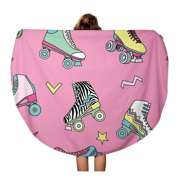 POGLIP 60 inch Round Beach Towel Blanket Colorful Pattern Cute Retro Roller Skates Disco 80S Rollerskate Travel Circle Circular Towels Mat Tapestry Beach Throw