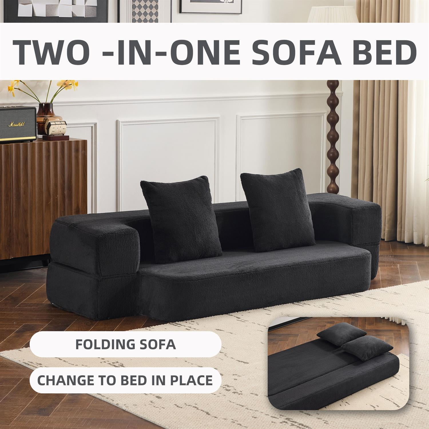 Demi Bonn Versatile 3-in-1 Sectional Sofa with Ottomans, Cozy Foam Fold-Out Bed, Space-Saving Chenille Lounger for Small Apartments & Home Offices, Black