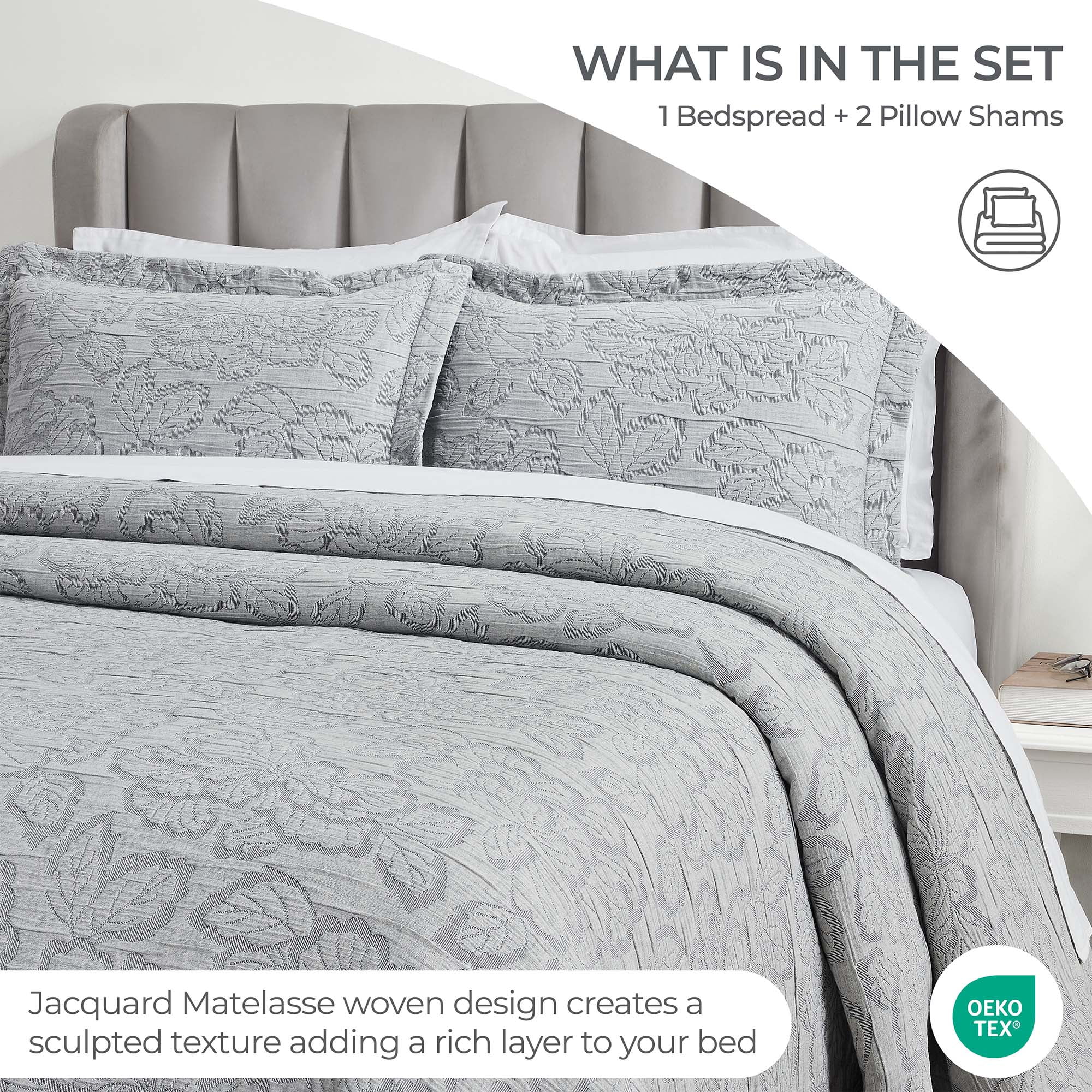 Superior Hibiscus Cotton Matelasse Bedspread and Sham Set, 3-Piece Dual Tone Modern Bedspreads, California King, Gray
