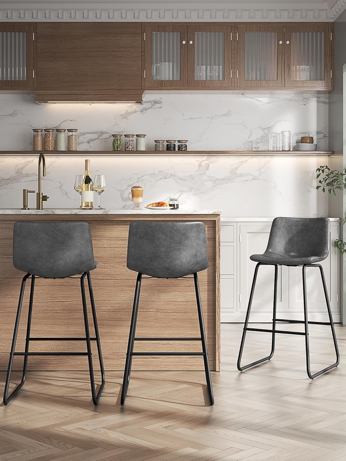 GIKPAL Bar Stools 30" Faux Leather Counter Height Barstools with Back Set of 2, Modern Counter Stools with Metal Legs and Footrest, Armless Chairs with Back for Kitchen Living Room Pub,Gray