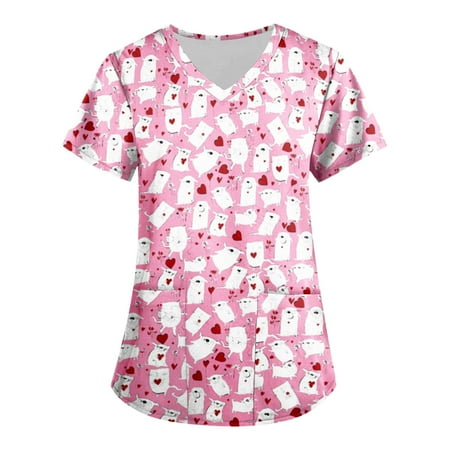 

Tking Fashion Womens Scrubs Plus Size Short Sleeve V Neck Printed Tops Loose Work Uniform Shirts with Pocket Hot Pink S