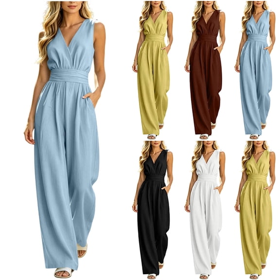 Women's Solid‑Color V‑Neck Sleeveless Wide‑Leg Jumpsuit High‑Waist Cinched Waist One‑Piece Long Pants with Side Pockets Blue XL(XL)
