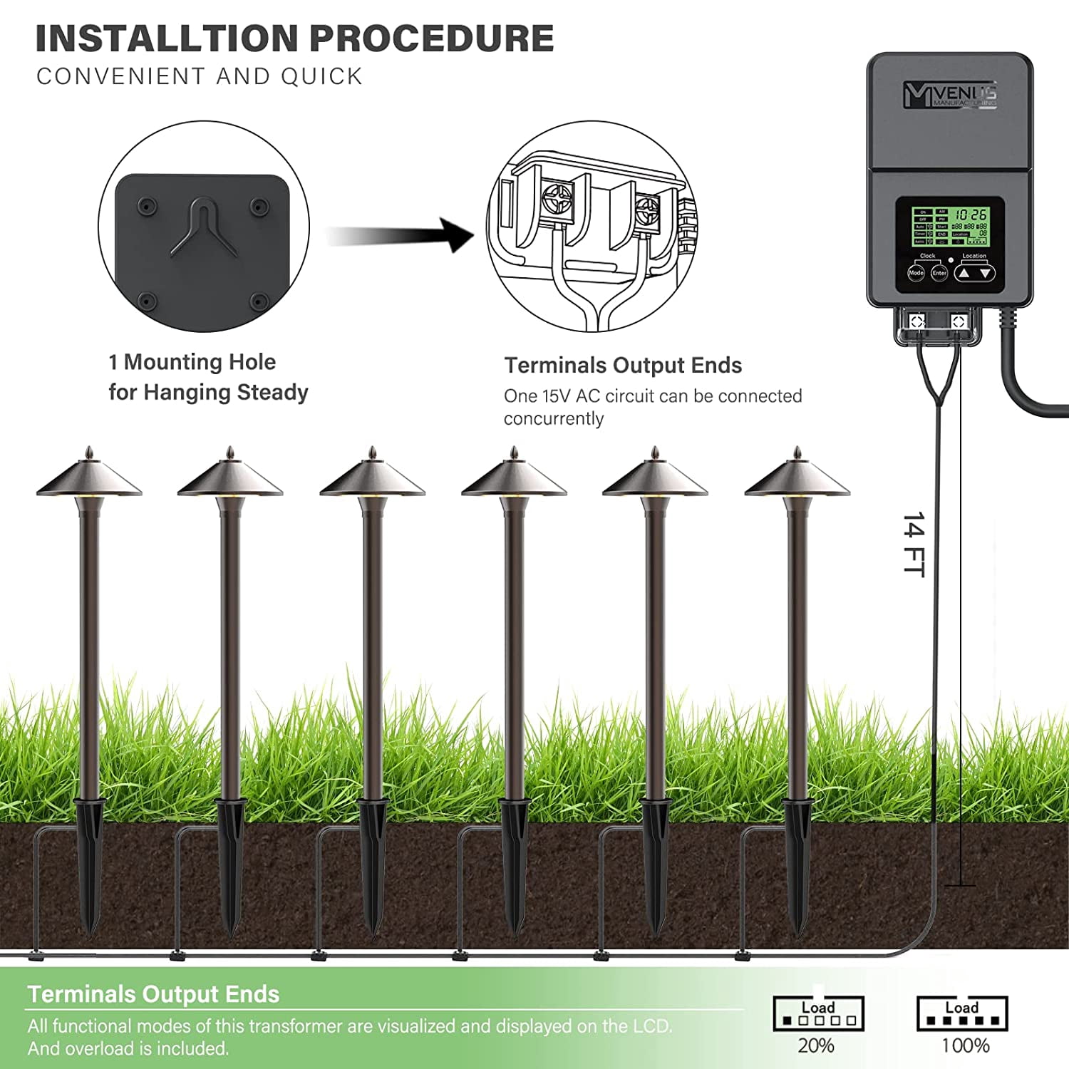 120W Outdoor Low Voltage Transformer with Timer and Photo Sensor, 120V AC to 15V AC Power Supply, Suitable for 12-15V Exterior Garden Landscape Lighting with ETL Listed
