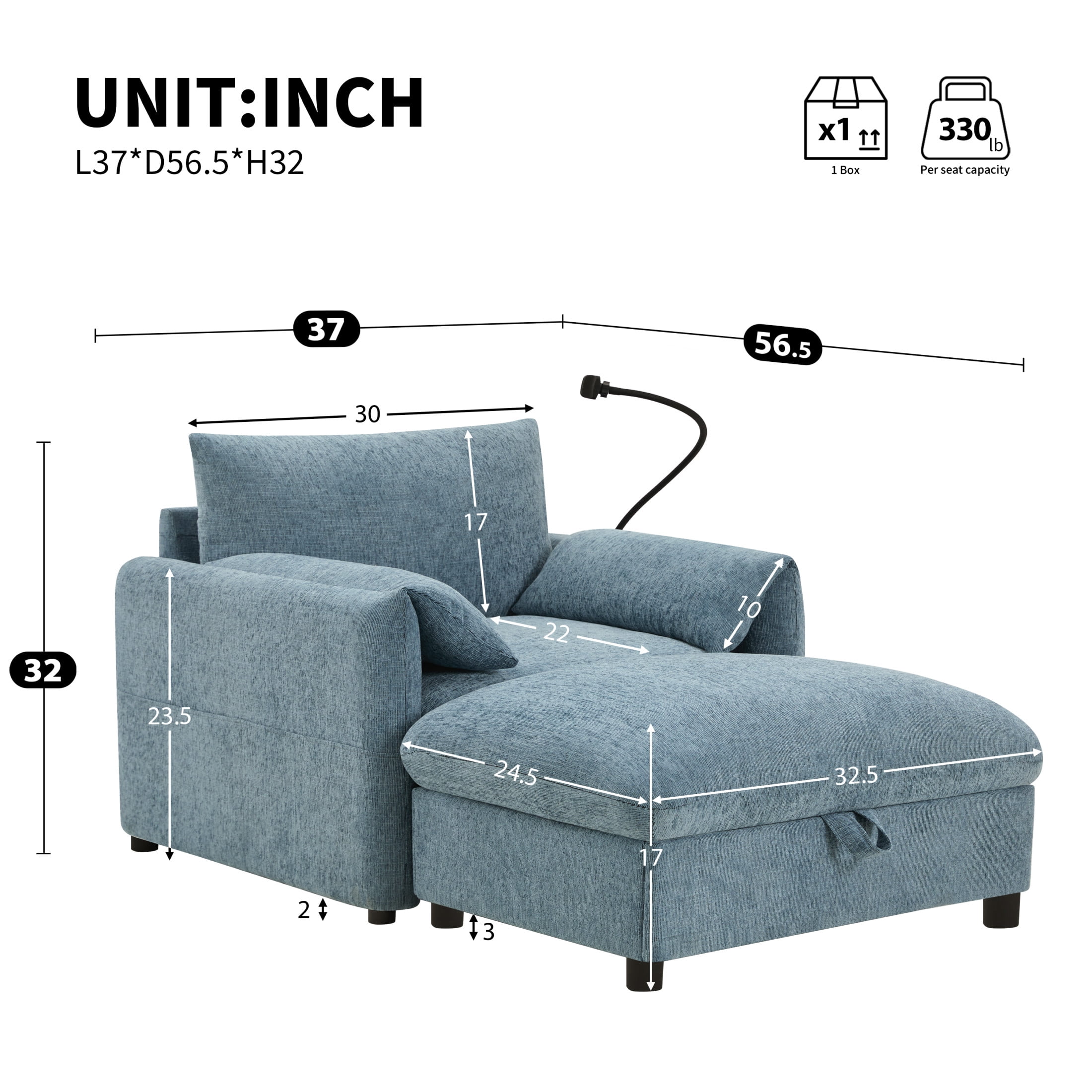 Noble House Odette 37" Chenille Upholstered Armchair with Storage Ottoman and Charging Port, Cloud Chaise Lounge, Blue