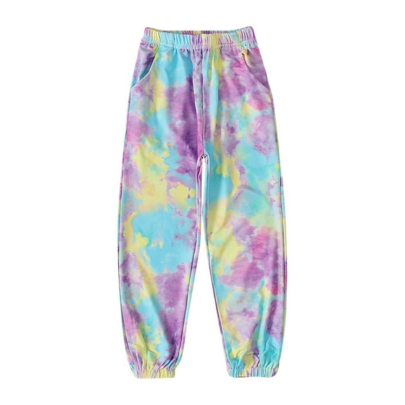 Odeerbi 4-12 Years Kids Girls Tie-Dye Pants Summer Casual Breathable Elastic Waist Trousers