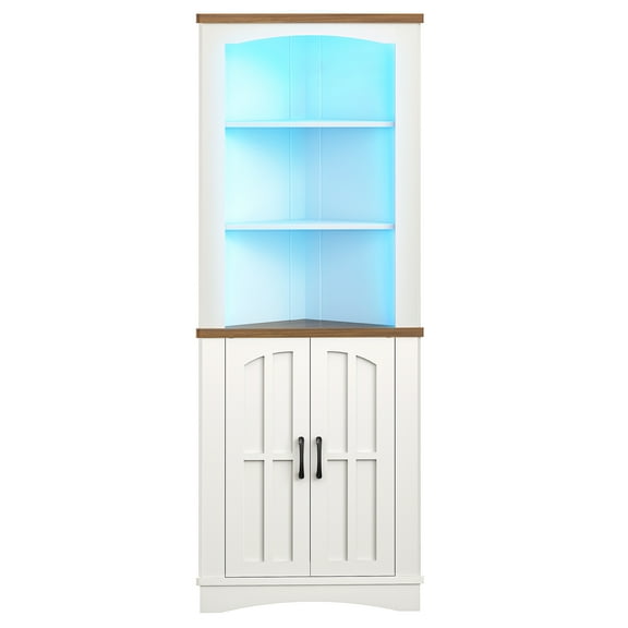HOOBRO Corner Cabinet with LED Lights, 67" Tall Farmhouse Corner Storage Cabinet with Doors, 5-Tier Corner Shelf Bookcase, Bathroom Hutch, for Living Room, Kitchen, White and Walnut WH74DCJ01