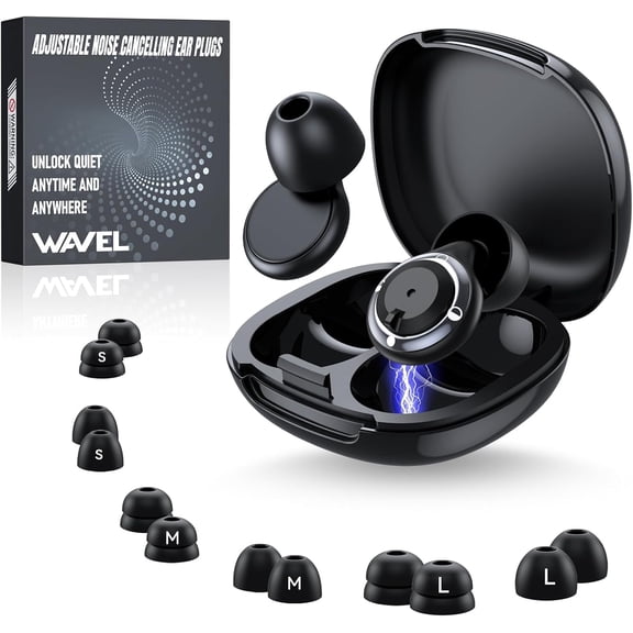 Adjustable Ear Plugs for Sleeping Noise Cancelling - 3 Modes Noise Reduction EarPlugs (17-35dB) for Snoring, Travel & Concerts | 7 Pairs Silicone Tips (XS/S/M/L) | Magnetic Carry Case | Black