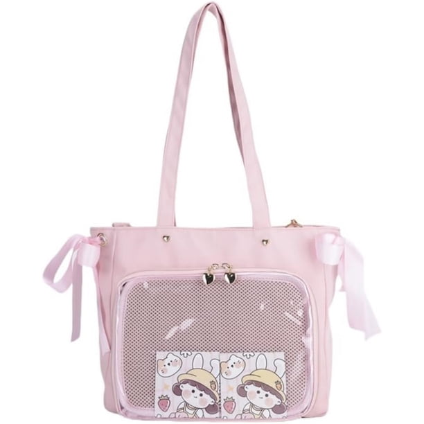 LHSHID Cute Ribbon Japanese Ita Bag Large Tote Crossbody Bag Messenger Bag for Women Aesthetic Bag Y2K Purse (White)