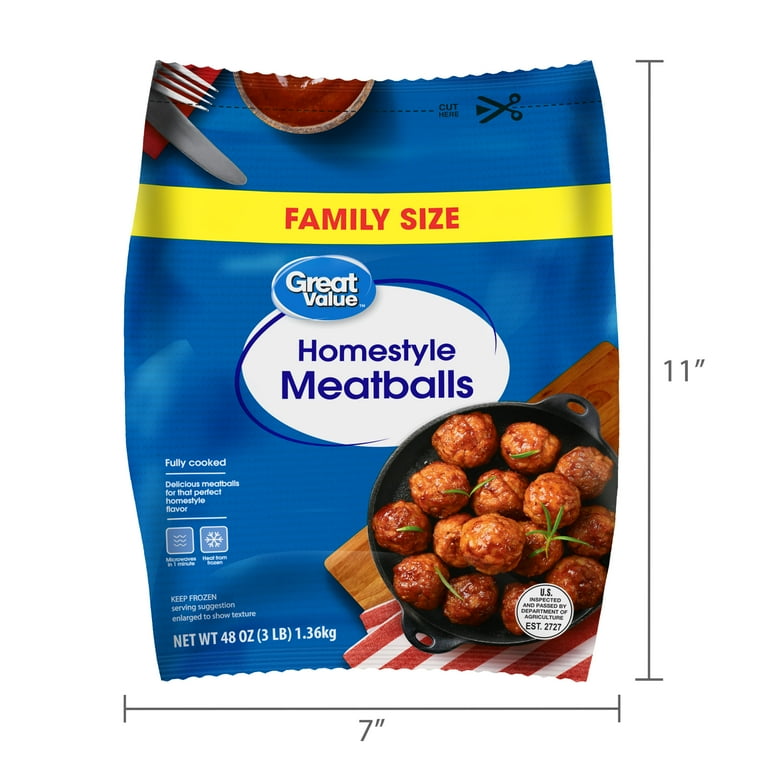 Great Value Fully Cooked Homestyle Meatballs Family Size 48 oz Frozen Perfect for Pasta Salad - Walmart.com Great Value Fully Cooked Homestyle Meatballs Family Size 48 oz Frozen Perfect for Pasta Salad - Walmart.com