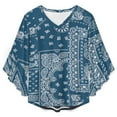 thumbnail image 4 of Blue Paisley Bandana Pattern Women's V-Neck Blouse With 3/4 Ruffled Bell Sleeves Casual Top Ladies Blouses, 4 of 7