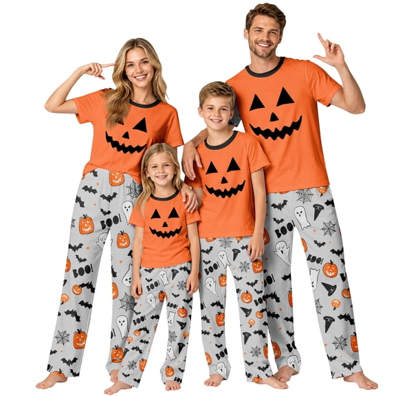 Onlypjs Matching Family Halloween Pajamas, Cozy Grey Boo Bat Pumpkin Jack-O'-Lantern Loungewear Set for Couples, Women and Men