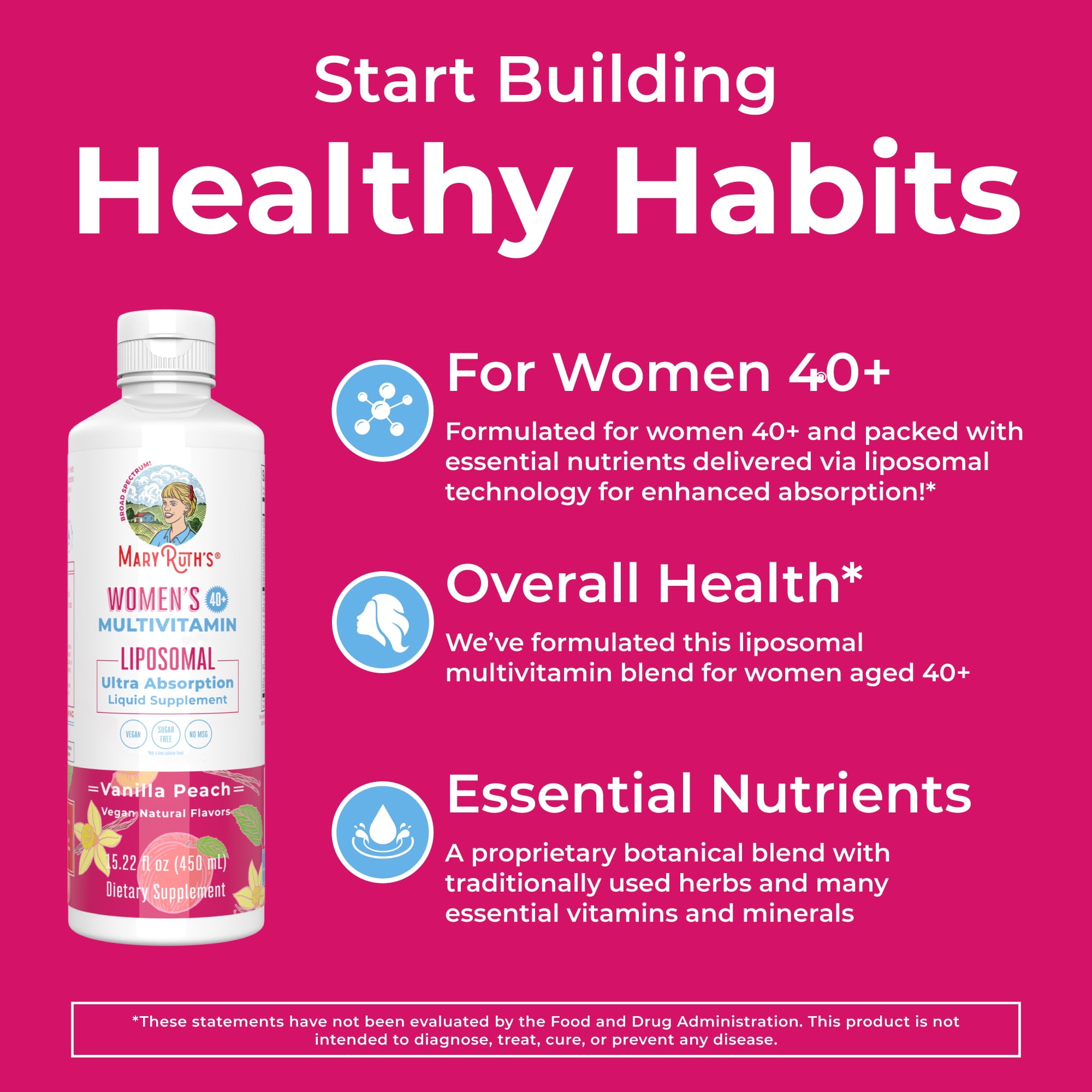MaryRuth's Women's Multivitamin Liquid 40+, One Bottle 15.22 Fl Oz for Women, Vanilla Peach Flavor