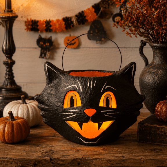 Summerween Mr. Cool Cat Bucket,Halloween Paper Mache Candy Holder with Vellum Face Accents for Party Table and Home Display