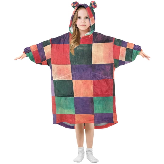 FORMRS Wearable Blanket Hoodie with Sleeves for Kids Cozy Flannel Sweatshirt, Red and Purple Plaid Pattern