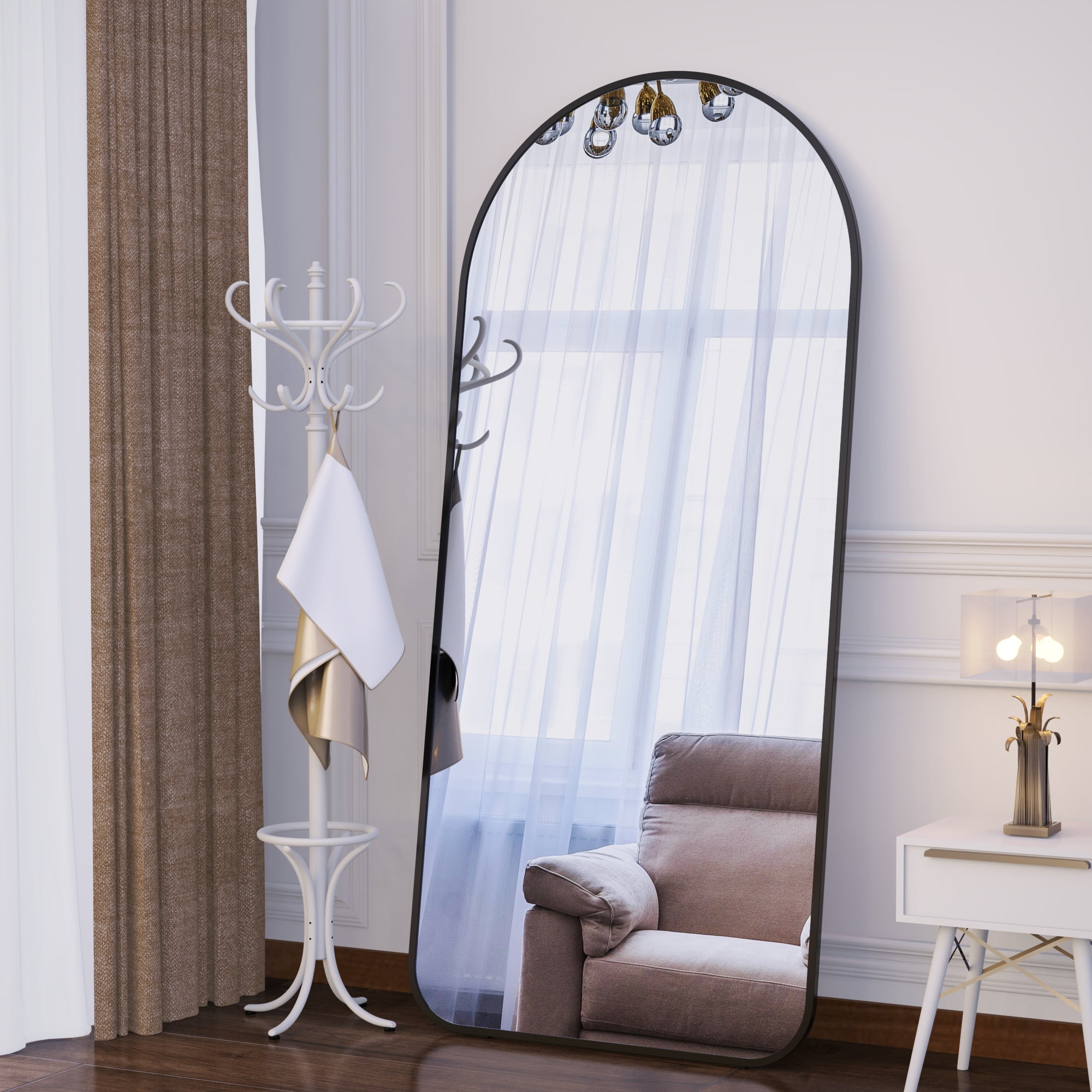 Full Length Floor Mirror with Arch Design and Metal Frame, High Definition Silver Mirror with Shockproof Packaging, Standing Mirror for Bedroom, 71"x32"