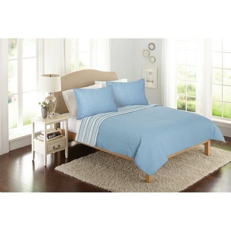 Better Homes & Gardens Solid Front Reverse Stripe Quilt, Sky Blue, Full/Queen