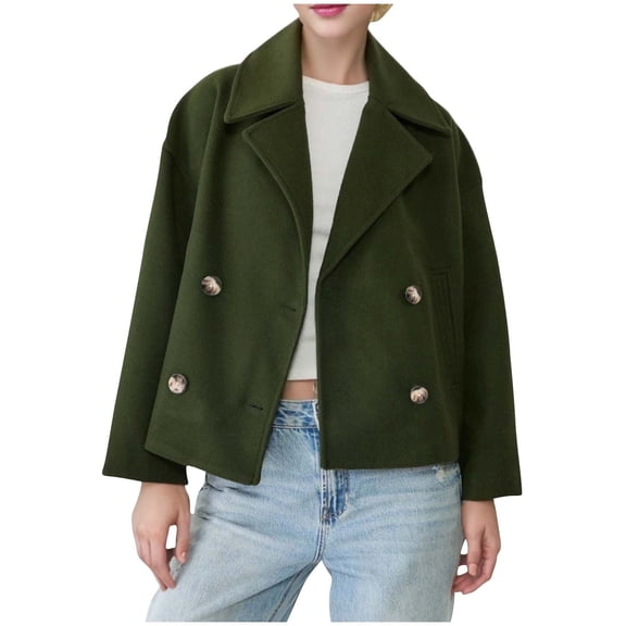 XPMWRP Women's Double Breasted Casual Fleece Jacket Loose Solid Color Long Sleeve Coat Lapel Winter Warm Coat with Pockets Green L