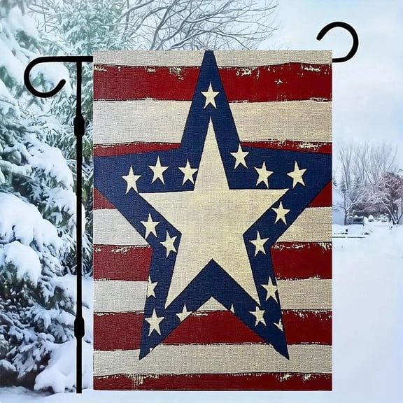 RKSupls Patriotic Linen Double Sided Garden Flag, Independence Day Themed Yard Decor, Large Star over American Flag Canvas Outdoor Banner for Holiday Lawn