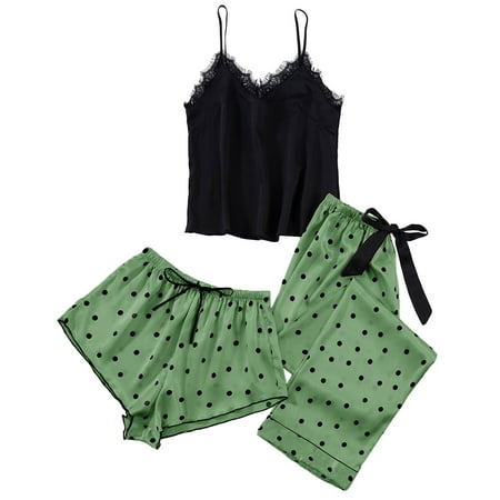 

MIARHB Women Dot Print Robe Lace Strap Underwear Sleepwear And Shorts Long Pants Pajamas 3PC Suits Sets
