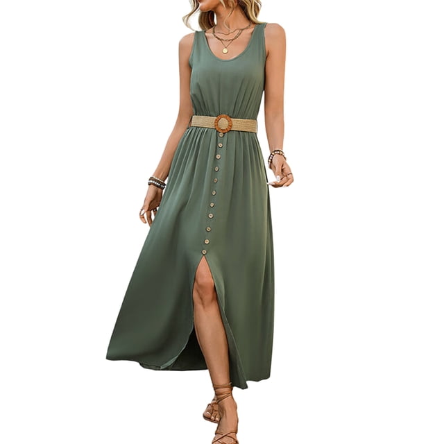 Robes d'Été pour Femmes Sans Manches à Boutons Taille Décontractée Ligne A Évasée Robe Midi Robe d'Été Vert m