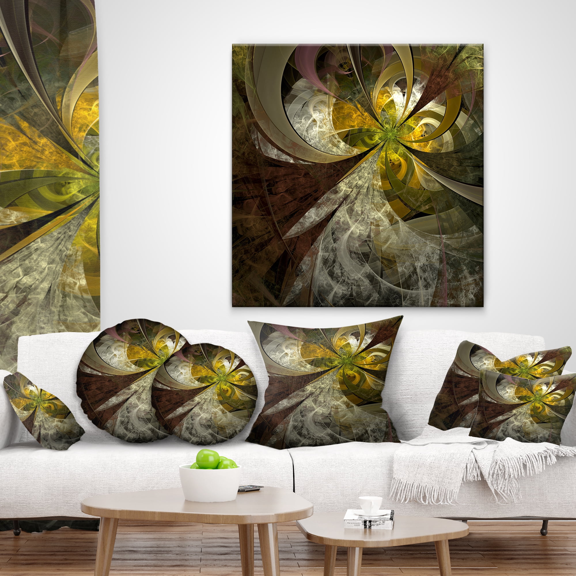 Designart Symmetrical Gold White Fractal Flower - Floral Throw Pillow - 16x16
