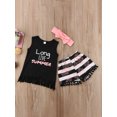 thumbnail image 2 of LMLYSoH Toddler Baby Girl Summer Clothes Sleeveless Tassel Letter Print Vest + Striped Shorts + Bow Hairband, 2 of 8