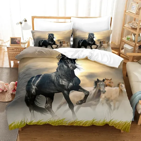 Juego de funda nórdica de caballo galopante para adultos  edredón de animales de granja  Queen y King  de poliéster