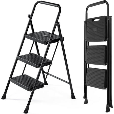 Step Ladder, 3 Step Stool Foldable with Anti-Slip Pedal & Comfortable Handrail, 800lbs Capacity Sturdy Steel Ladder, Protable Heavy Duty Step Stool for Kitchen, Garage & Outdoor Use, Black