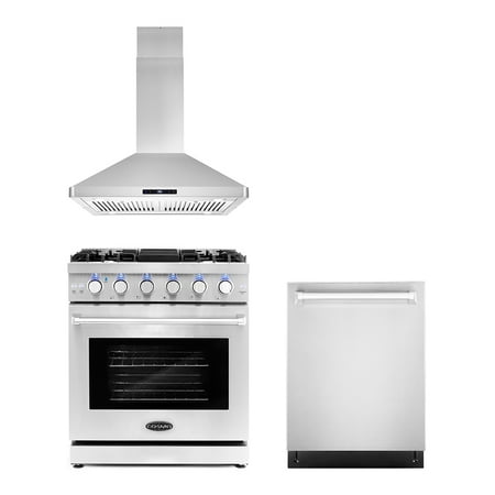 Cosmo 3 Piece Kitchen Appliance Packages with 30  Freestanding Gas Range Kitchen Stove 30  Island Range Hood &amp; 24  Built-in Fully Integrated Dishwasher Kitchen Appliance Bundles