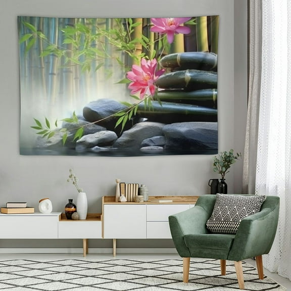 JRXY Japanese Garden View Tapestry Wall Hanging, Spa Water Lotus Flower Zen Stone Relaxation Bamboos Candles, Home Decor Tapestries Wall Blanket For Bedroom Living Room Dorm 60x40in