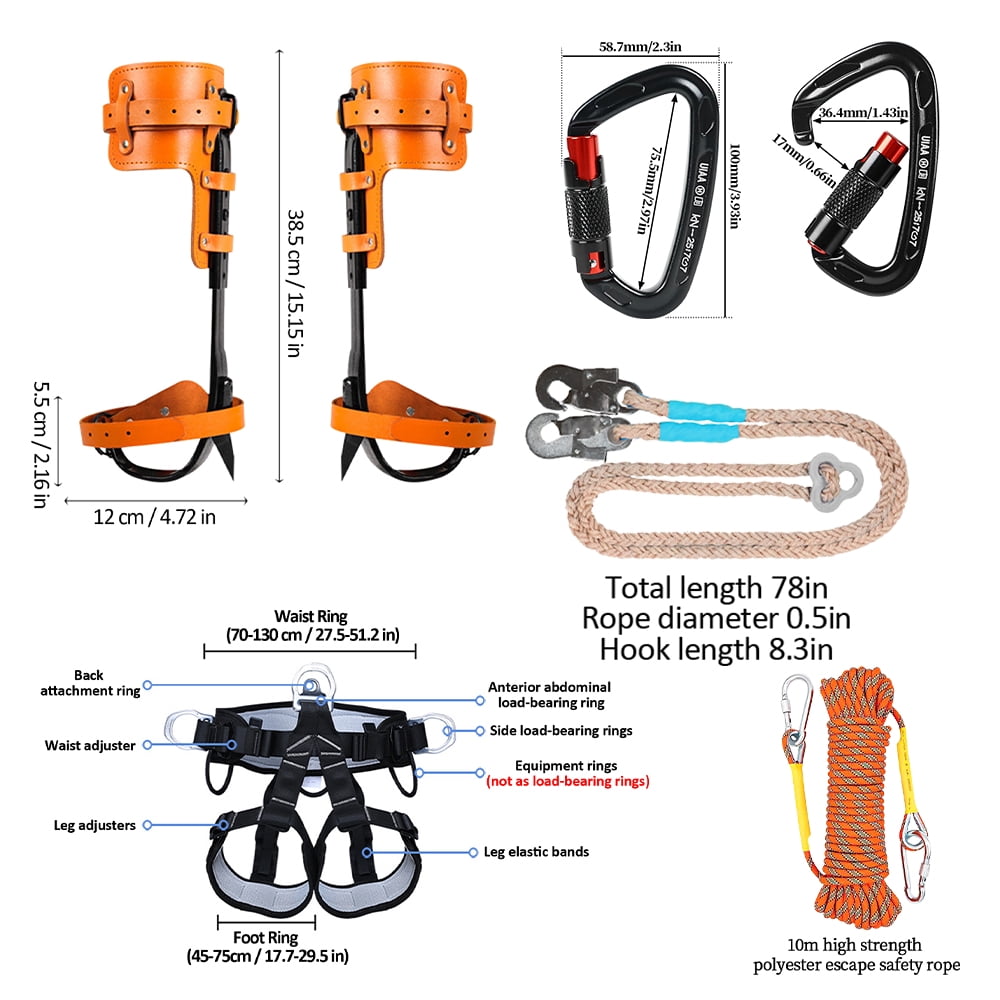 Tree Climbing Gear，Tree Climbing Spikes, Tree Climbing Gear with Adjustable Climbing Straps and Steel Core Flip Line, Rock Climbing Kit with Triple Lock Lanyard Adjuster