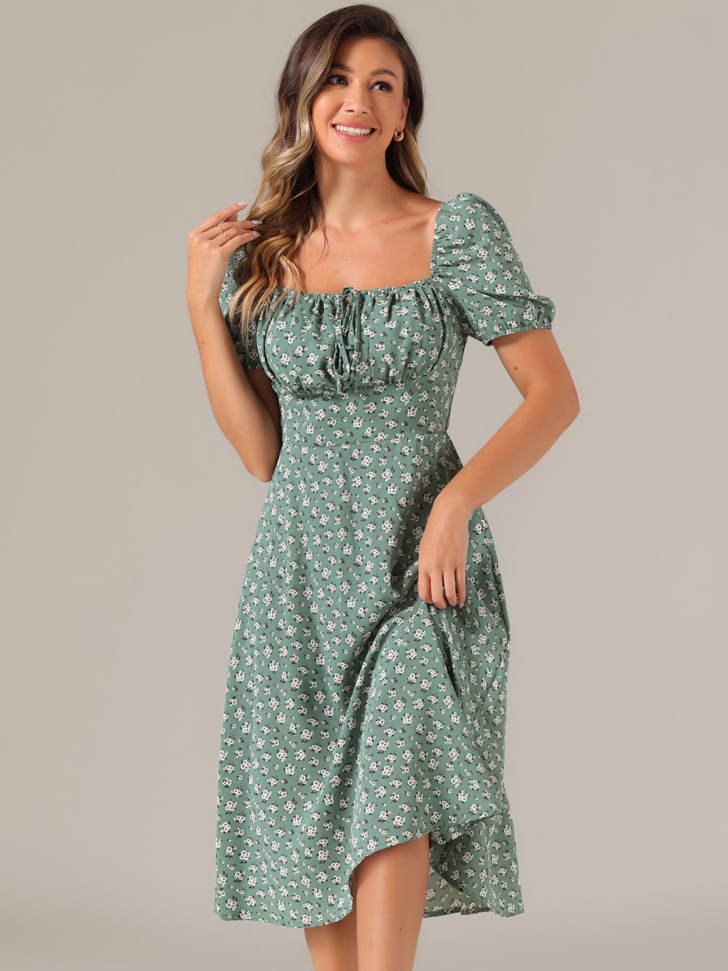 DARING DIVA Floral Puff Sleeve Smocked Square Neck Midi Dress XS Gray Green