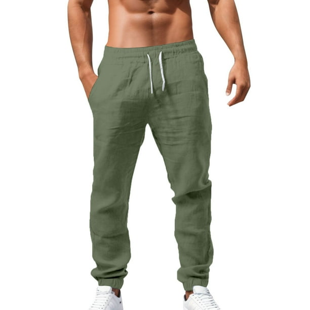 Pantalones informales holgados de lino de color liso para hombre: cintura elástica, tejido transpirable para mayor comodidad diaria, varios tamaños disponibles.