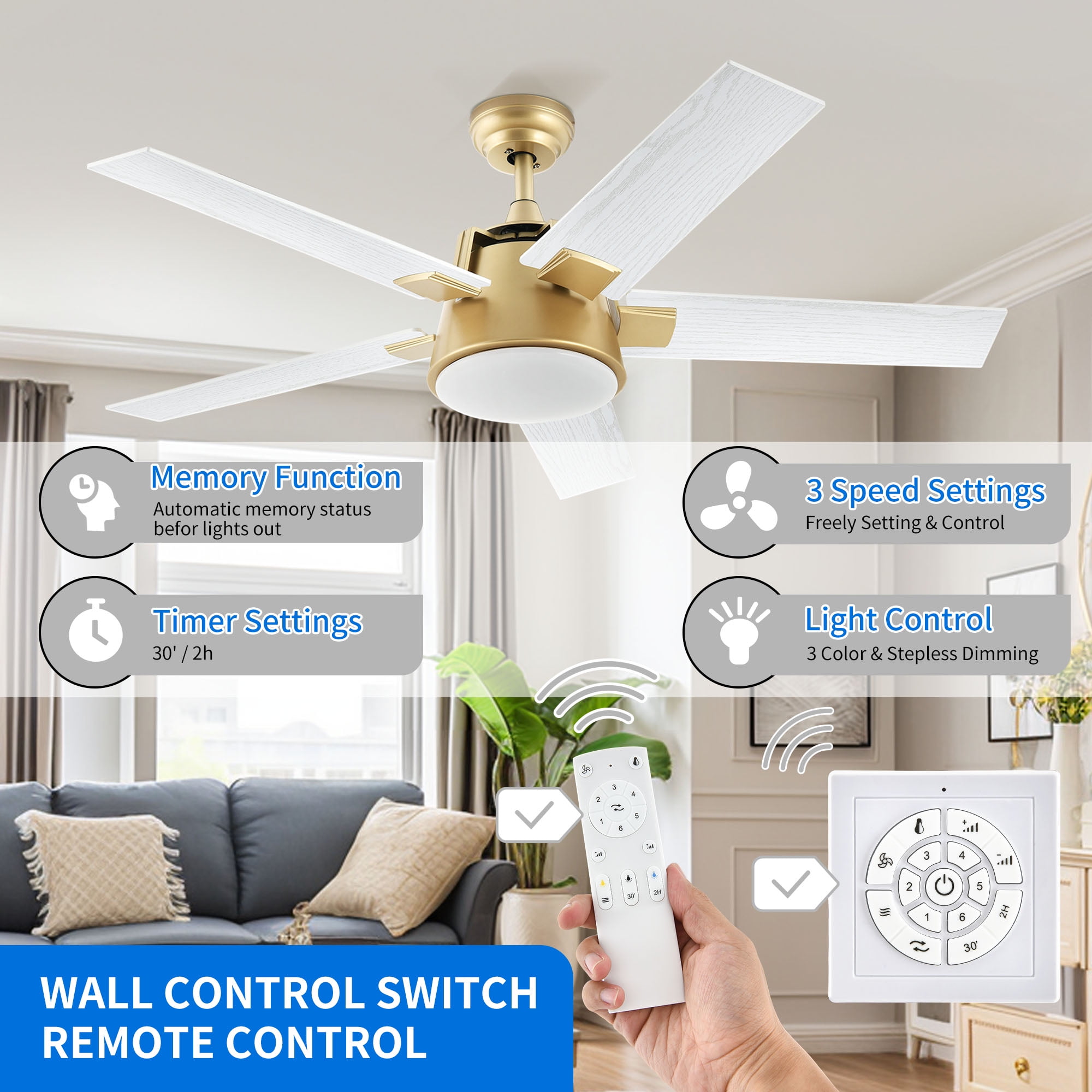 Dextrus 52in Ceiling Fan with Light, Reversible Motor, 6-Speed, 5