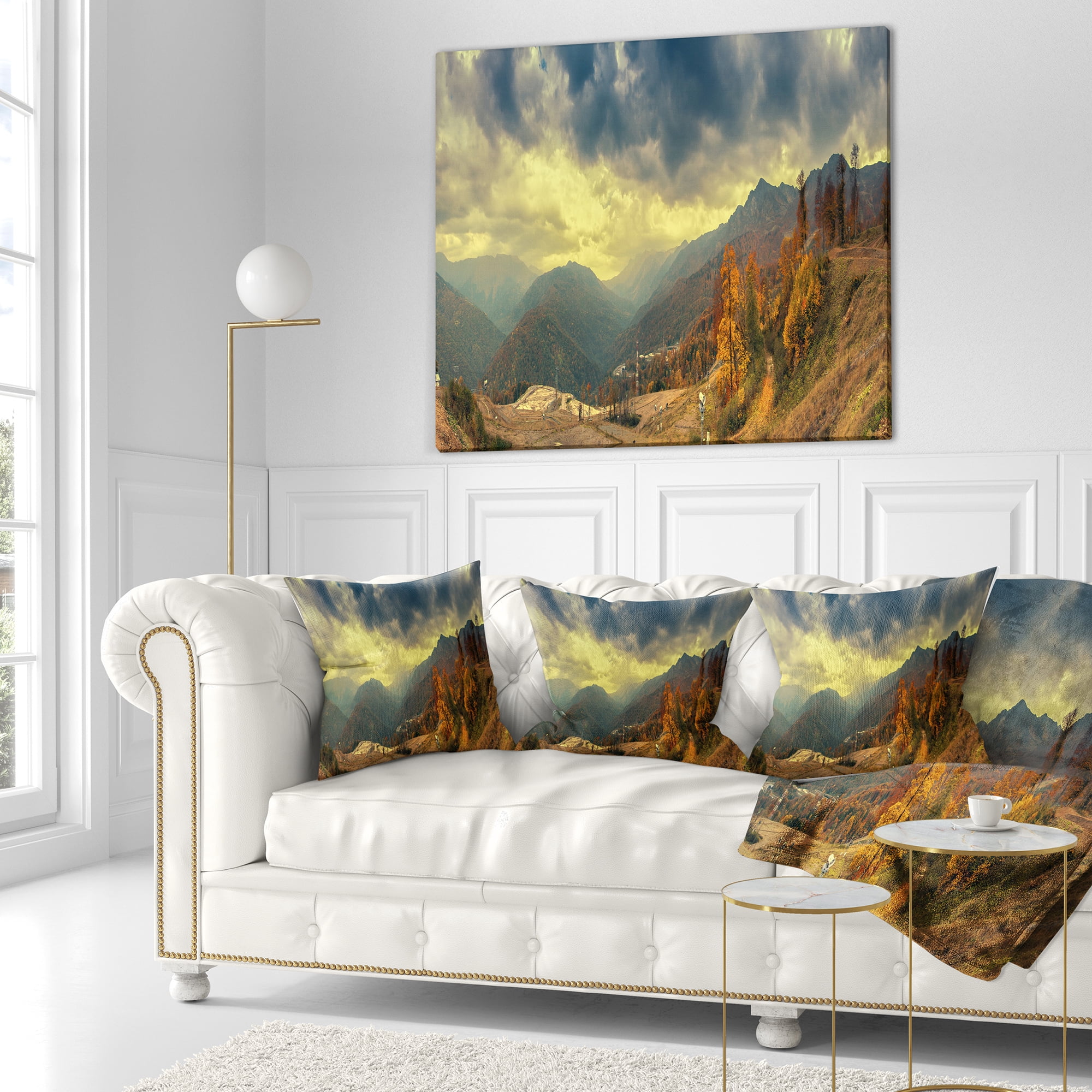Designart Caucasus Mountains Yellow Panorama - Landscape Printed Throw Pillow - 18x18