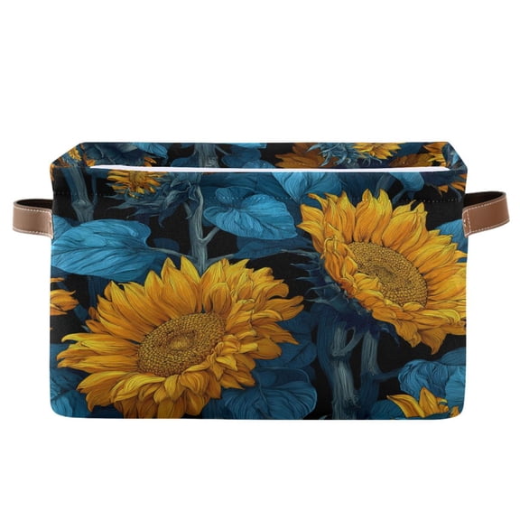1-Pack Square Closet Organizers with Handles Open Basket Bins Blue Leaves and Sunflowers Storage Basket for Home Office