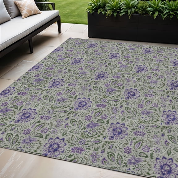 5' X 8' Olive Green Sage And Purple Floral Washable Indoor Outdoor Area Rug