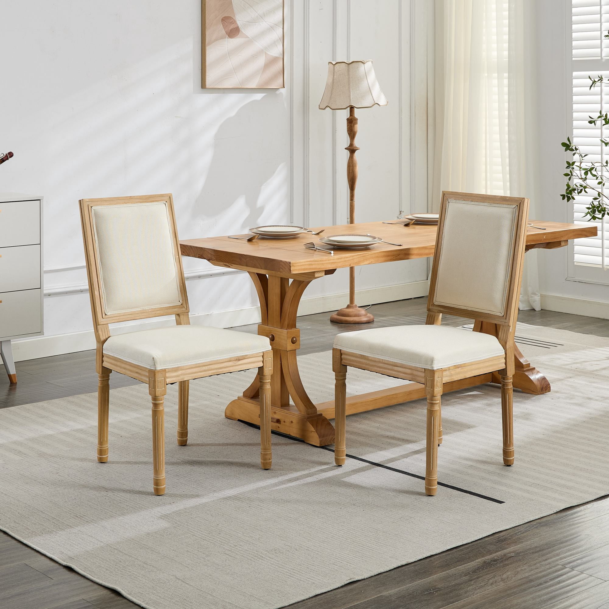 MAYEERTY French Decor Dining Chairs - Louis Style, Square Back, Carved Solid Wood Frame, Beige, Set of 2
